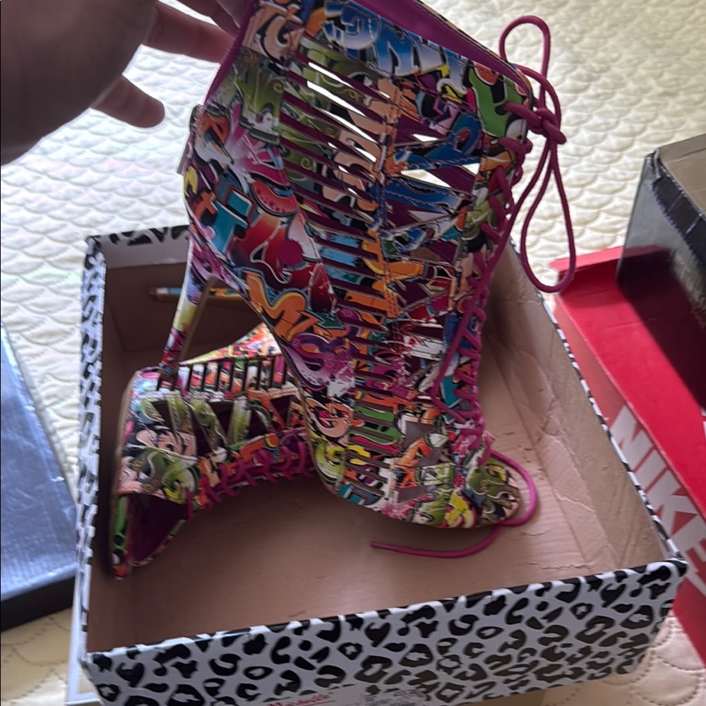 Pink Lace-Up Stiletto Heels with Graffiti Print